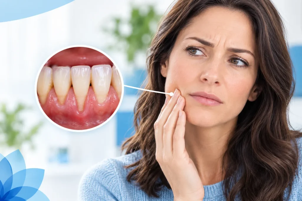 Concerned Australian Woman with Gum Recession Inset
