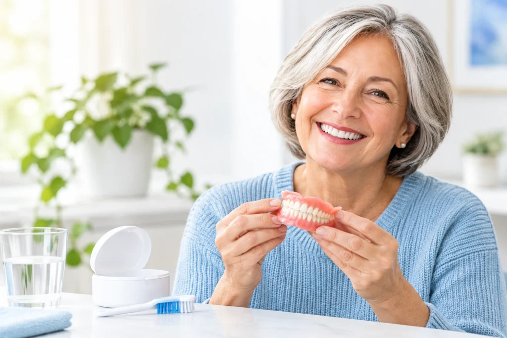 Smiling Senior Australian Woman Holding Dentures